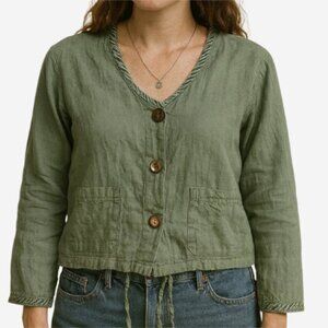 Vintage Bodil Top Blouse 100% Linen Women Small Green Button Front Drawstrings